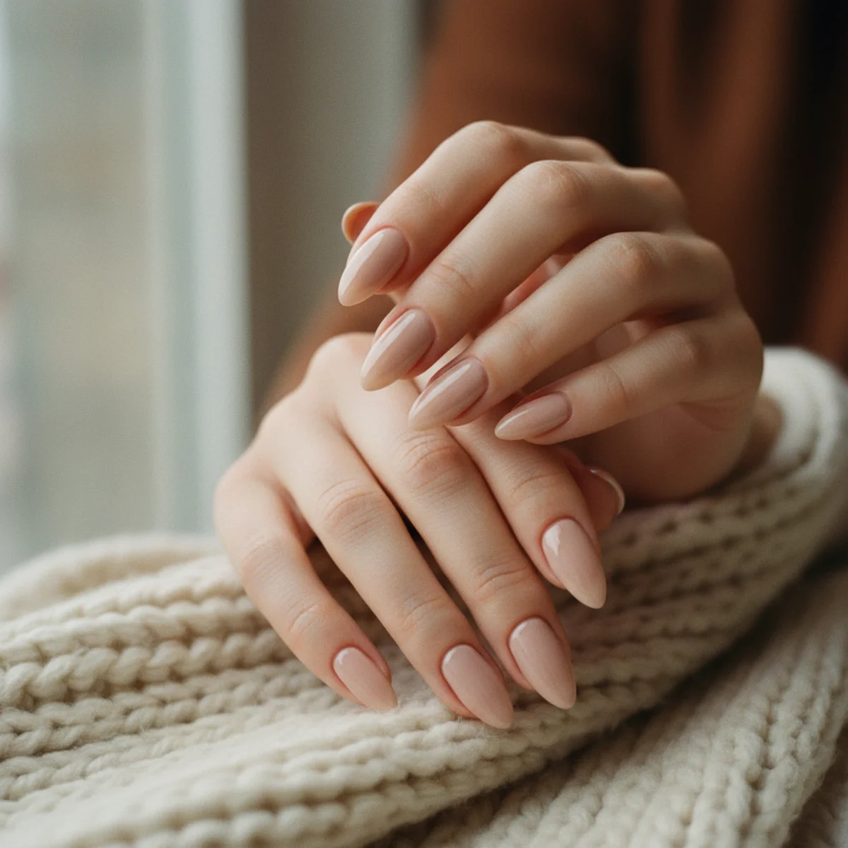 Editorial close-up of glossy almond-shaped nails in a milky nude on a cream knit blanket