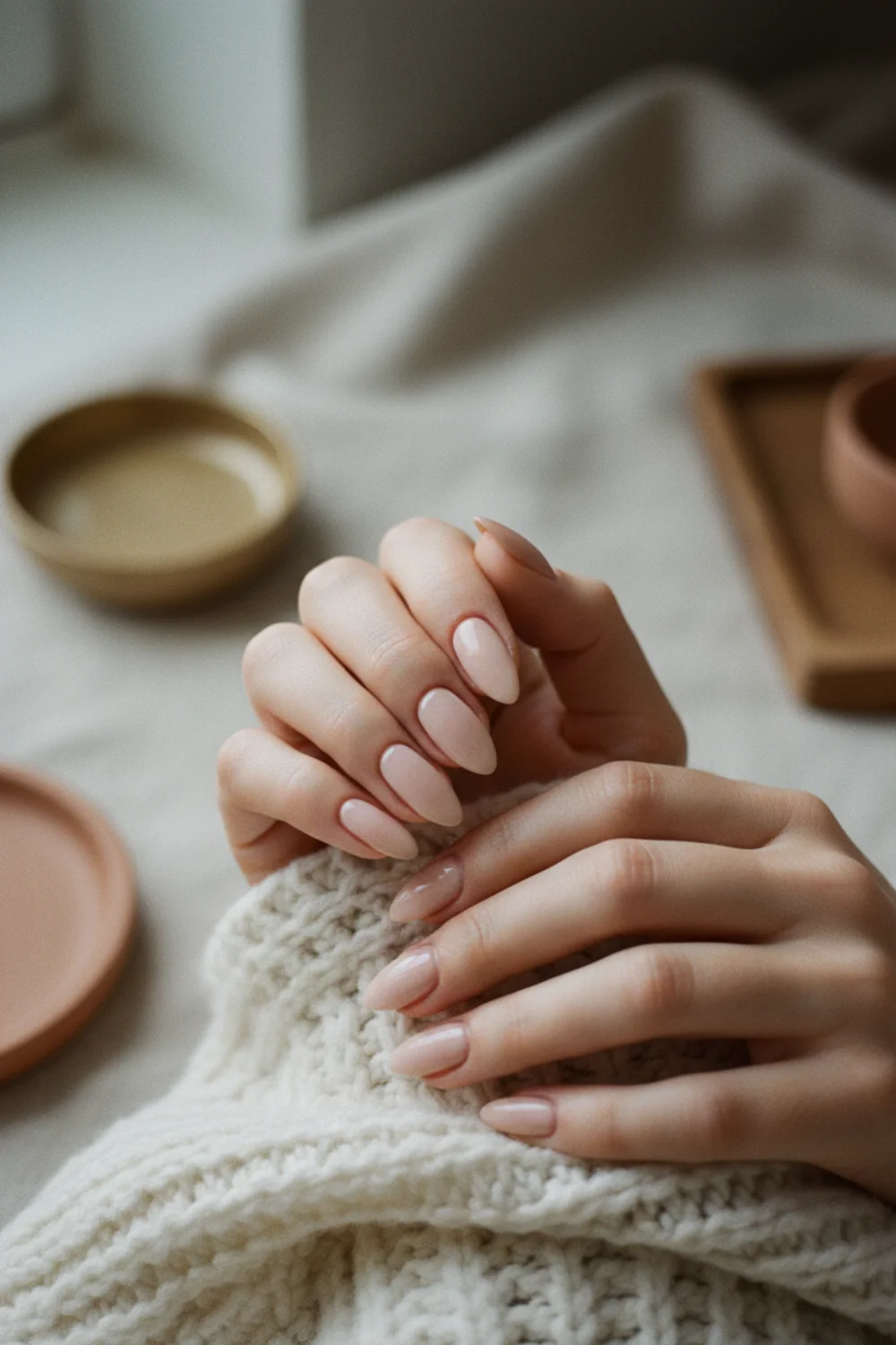 Glossy milky-nude almond nails resting on a soft cream knit — the everyday almond manicure