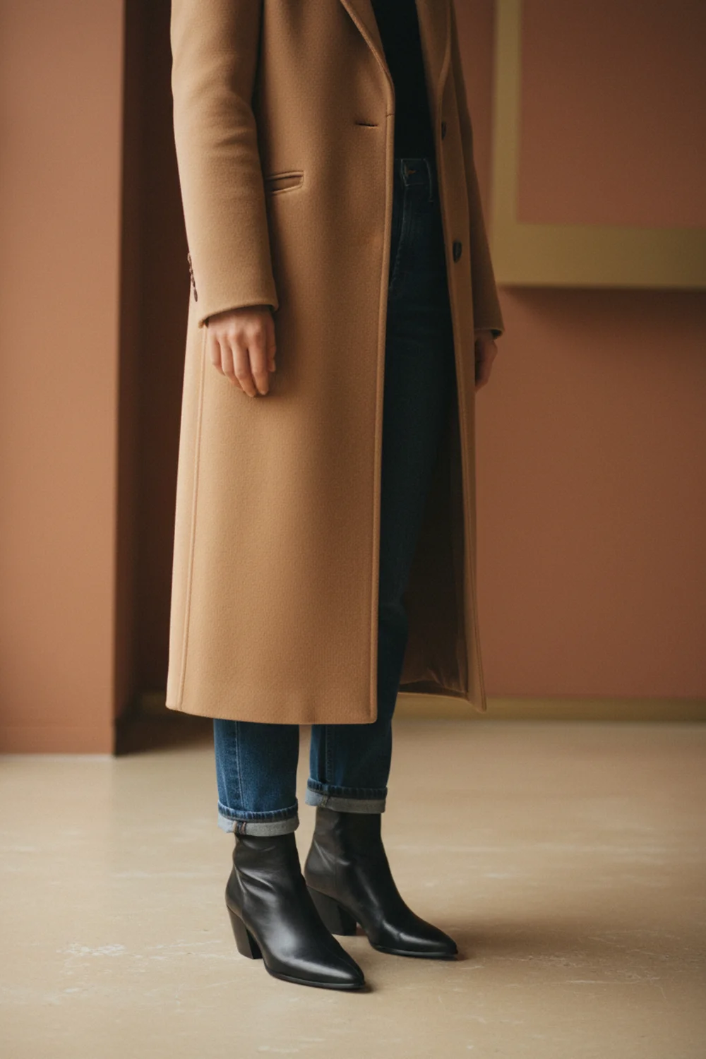 Close-up of black ankle boots with a pointed toe, worn with slim dark jeans, cropped at mid-thigh