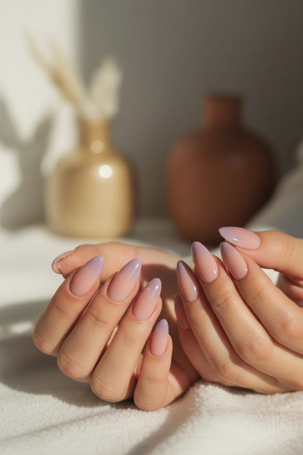 Almond nails with a soft blush-lavender aura gradient resting on white cotton