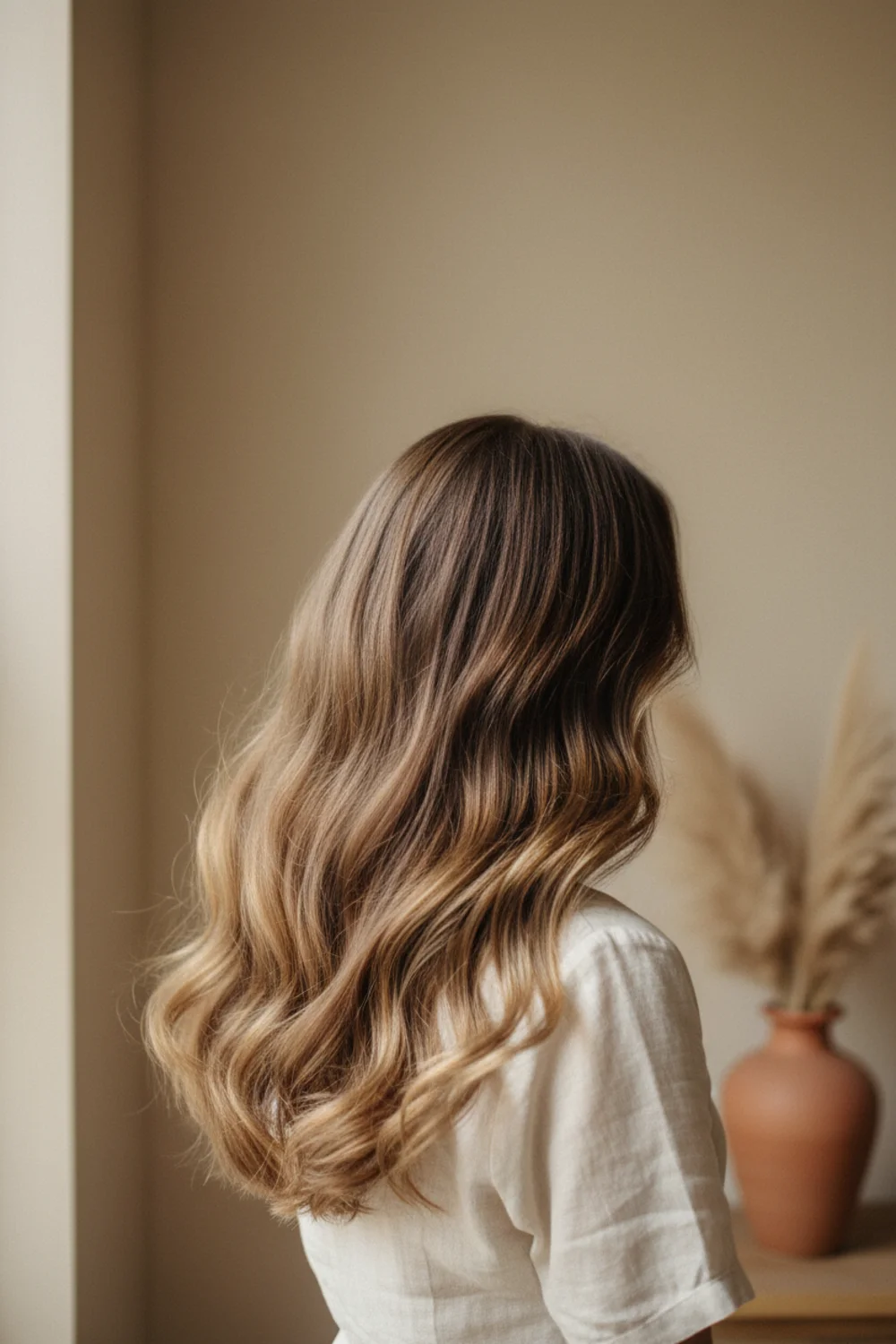 Back view of long sun-kissed hair with effortless beach waves in bright outdoor light