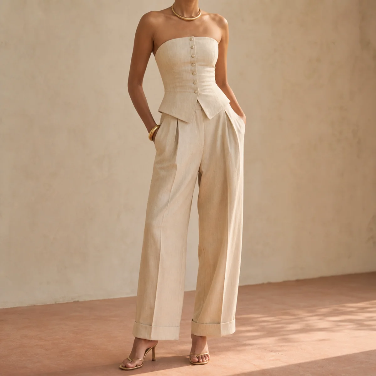 Faceless waist-up editorial shot of a structured corset top with tailored trousers and heels