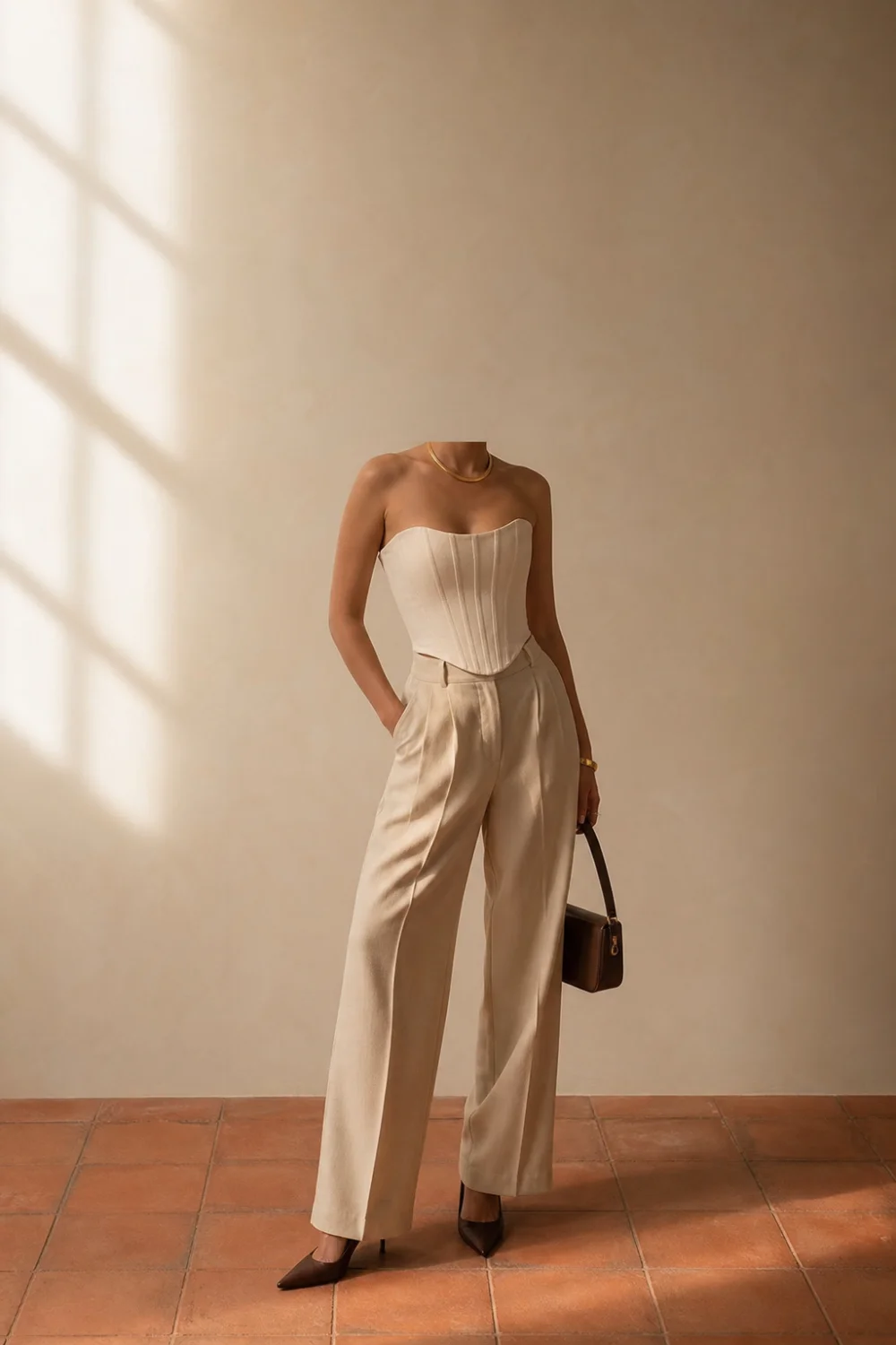 Faceless corset outfit with a structured corset top and tailored trousers