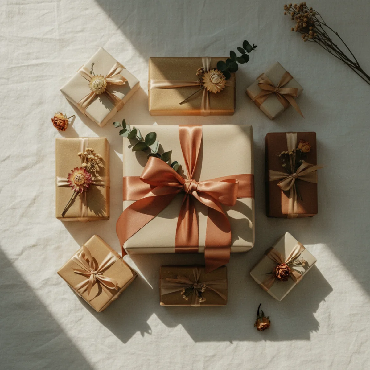 Flat-lay of thoughtfully wrapped gifts on a warm cream linen surface with dried flowers and a satin ribbon
