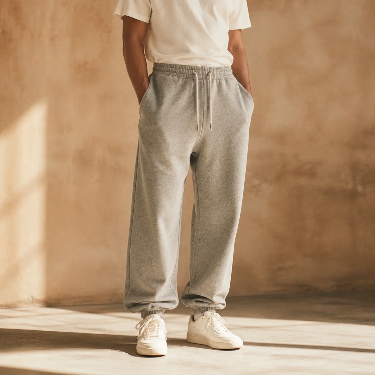 Faceless waist-down editorial shot of grey sweatpants with a tucked-in white tee and white trainers