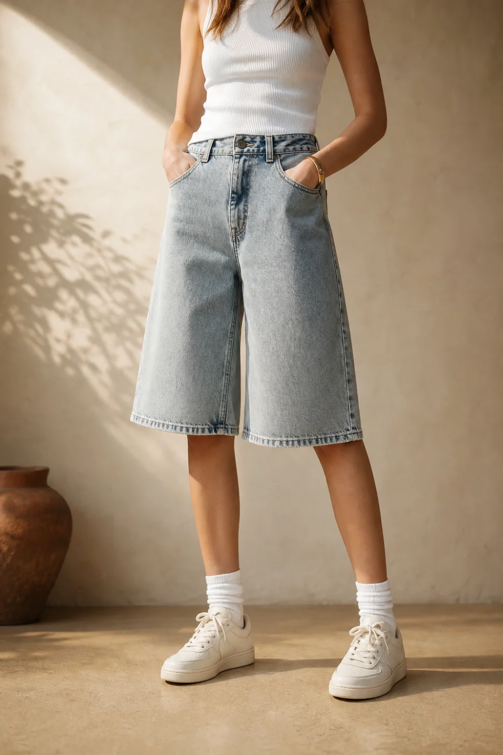 Faceless jorts outfit with a tucked tank, belt and white sneakers