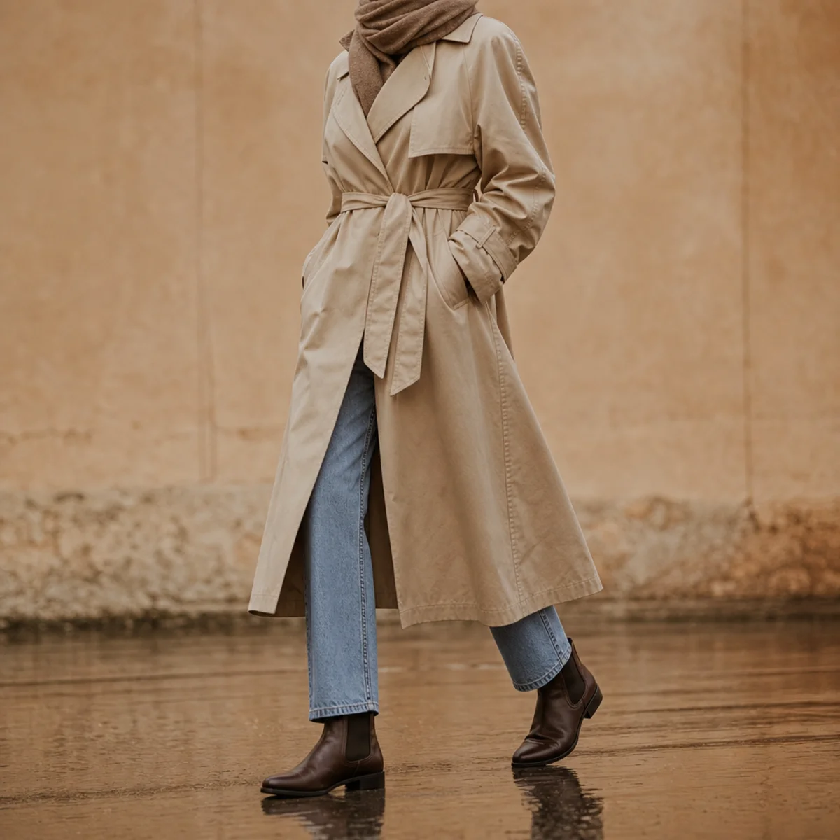 Faceless full-length editorial shot of a belted trench coat over straight jeans with chelsea boots in the rain