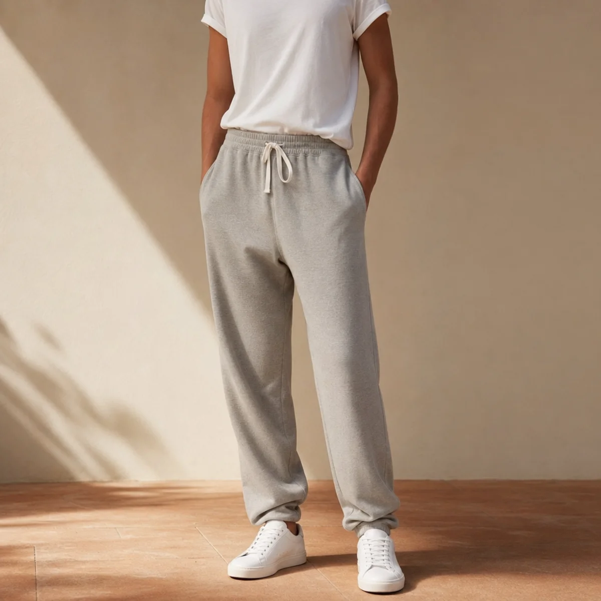 Faceless waist-down editorial shot of grey sweatpants styled with white trainers and a tucked-in tee